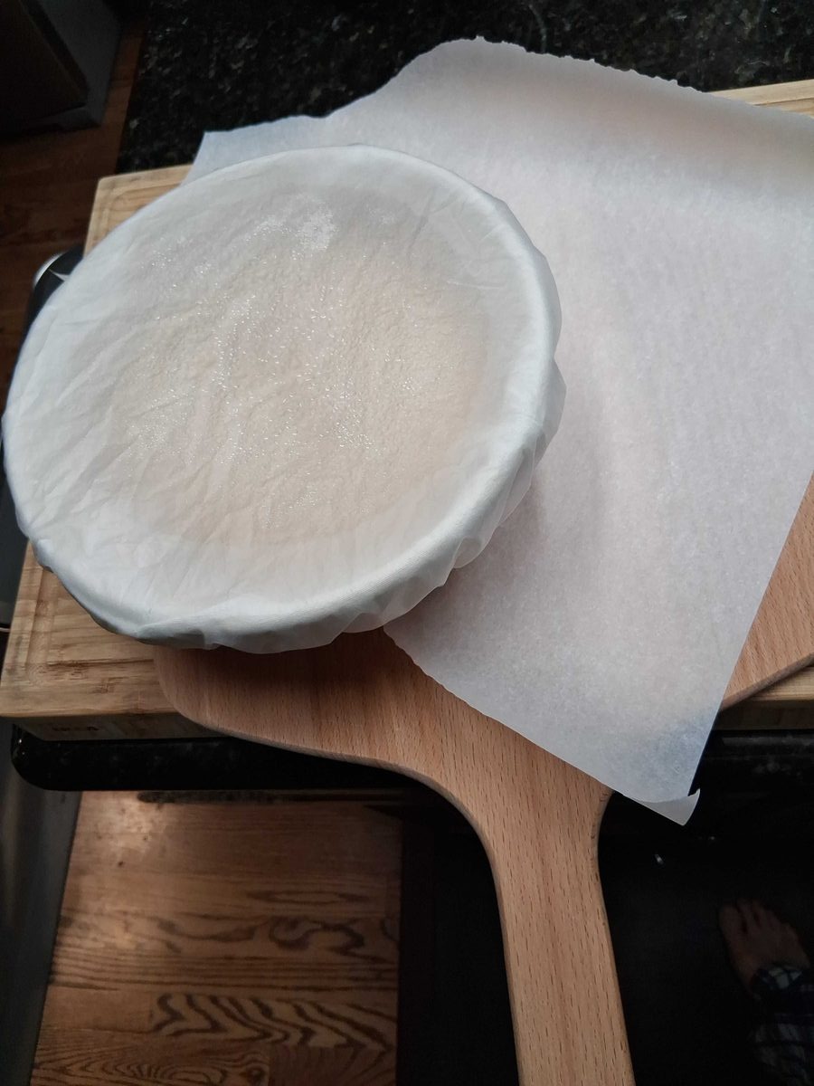 Banneton out of the fridge, ready to flip