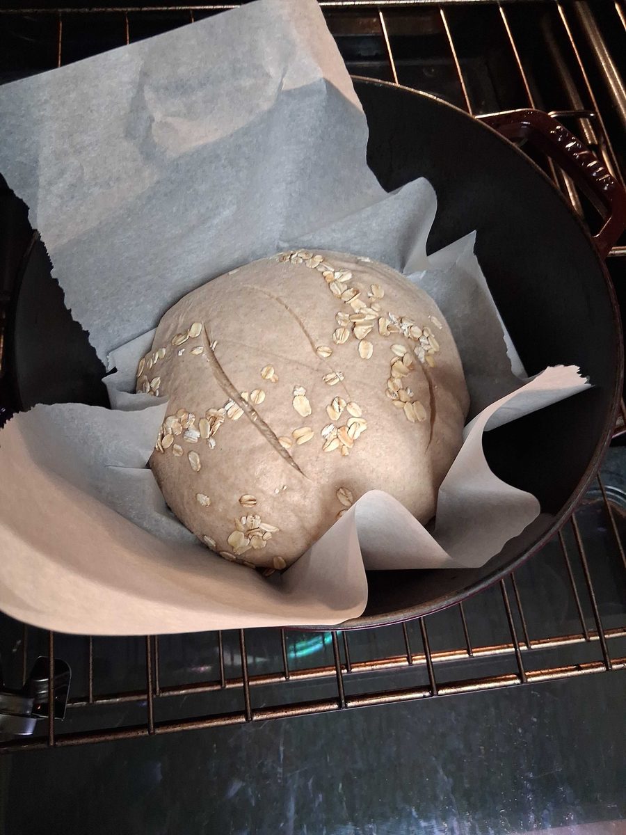 Loaf loaded into hot dutch oven
